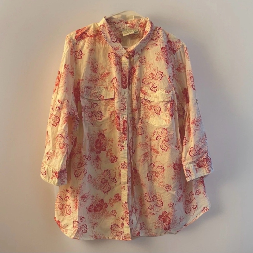 St. John's Bay White Button-Front Shirt with Red Floral Print